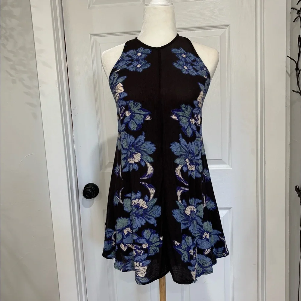 Free People Black Dress with Blue Floral Pattern - Picture 2 of 7